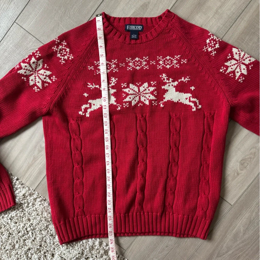 Lands End Red Womens Holiday Cabincore Grandpa Sweater Reindeer Snowflakes - Picture 9 of 9